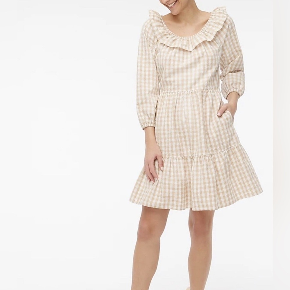 J. Crew Dress Womens 8 Seersucker Ruffle Gingham Modest Neutral Boho Prairie NWT